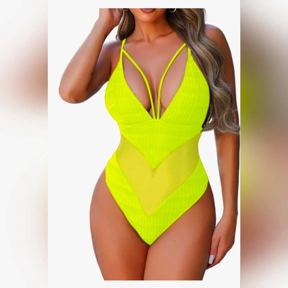 Neon Yellow Mesh Panel One Piece Swimsuit Textured V-Neck Monokini M / #26532